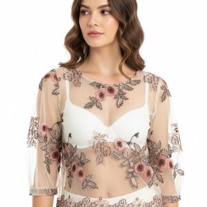 Sheer Floral Embroidered Bra - Cream and Pink